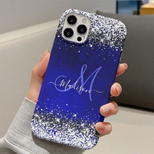 Funda Para iPhone 11 Pro Monograma de purpurina falsa plateada azul real li