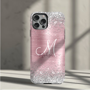 Funda Para iPhone 11 Pro Monograma de purpurina falsa plateada con rubor de