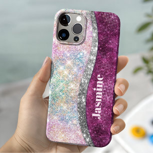 Funda Para iPhone 15 Monograma de purpurina falsa rosa plateado iridisc