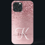 Funda Para iPhone 13 Pro Max Monograma de Purpurina Metalizado cepillado de col<br><div class="desc">Personaliza fácilmente este diseño de estuche de teléfono de moda de moda con un purpurina brillante color rosa rosa bonito sobre un fondo metálico rosa roto.</div>