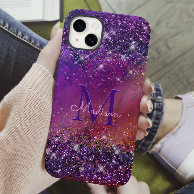 Funda De Case-Mate Para iPhone Monograma de purpurina metalizado púrpura cepillad (Subido por el creador)