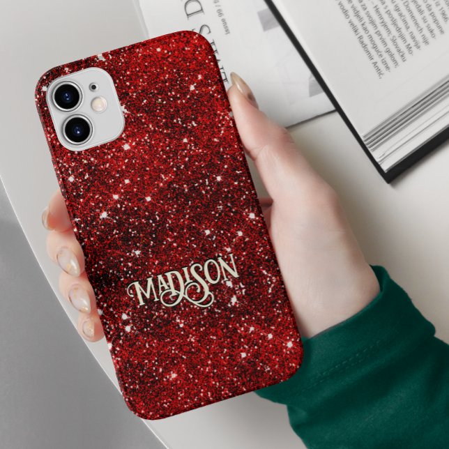 Funda De Case-Mate Para iPhone Monograma de purpurina negro rojo caprichoso de mo (Subido por el creador)