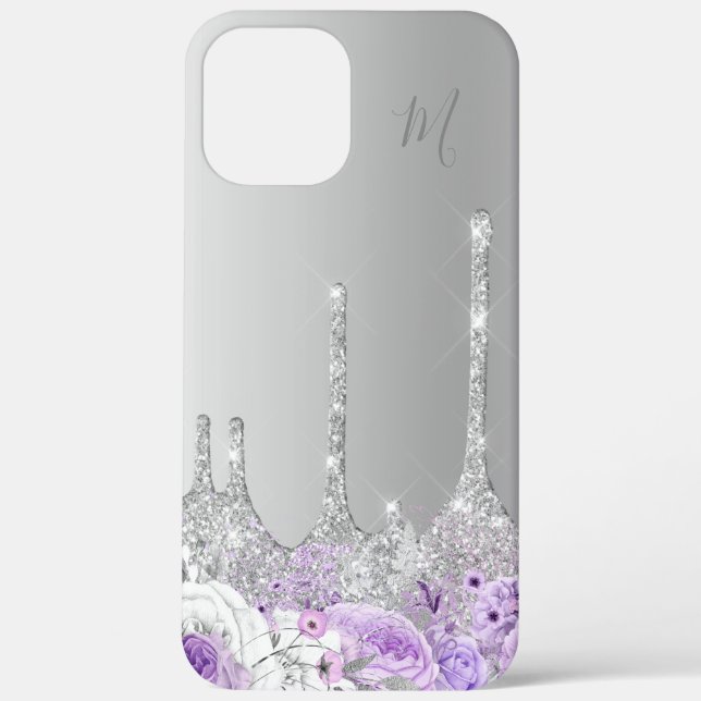 Funda De Case-Mate Para iPhone Monograma de purpurina plateado morado (Reverso )