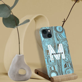 Funda Para iPhone 13 Monograma de Purpurina retro de oro azul claro Fun