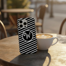 Funda Para iPhone 15 Pro Max Monograma de Rayas Diagonales en Blanco y Negro Mo