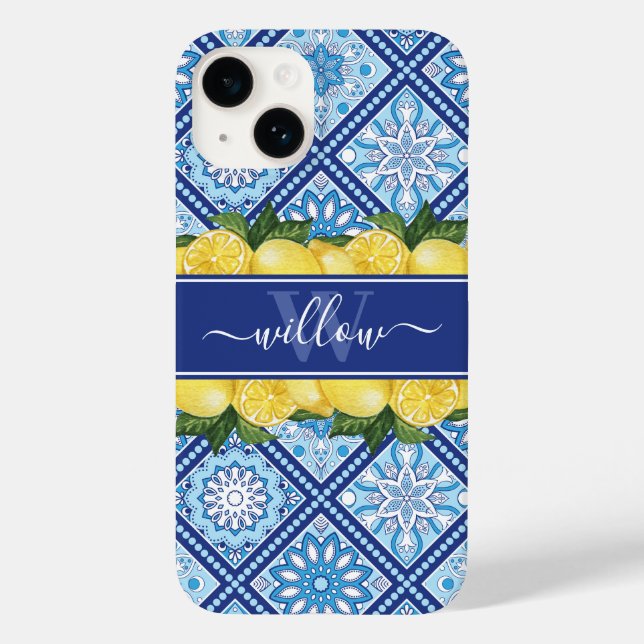 Funda De Case-Mate Para iPhone Monograma de rebote de mosaico azul de limón (Reverso )
