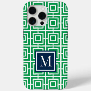 Funda Para iPhone 15 Pro Max Monograma de rejilla cuadrada Preppy – Verde y azu