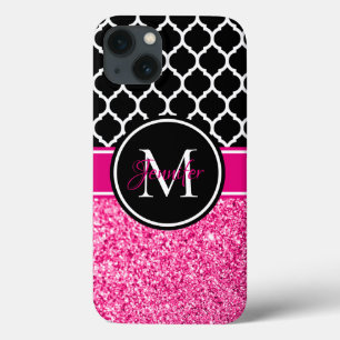 Funda Para iPhone 13 Monograma de Rejilla Negra y Blanca con Brillo Ros