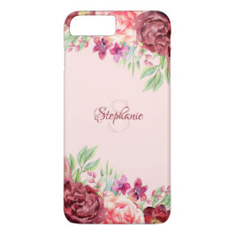 Funda Para iPhone 8 Plus/7 Plus Monograma de Rosa floral de Rubor Peach de Borgoña