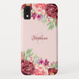 Funda Para iPhone XR Monograma de Rosa floral de Rubor Peach de Borgoña