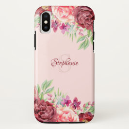 Funda Para iPhone XS Monograma de Rosa floral de Rubor Peach de Borgoña