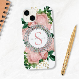 Funda Para iPhone 14 De Case-Mate Monograma de rosas rosadas espumosas Personalizado
