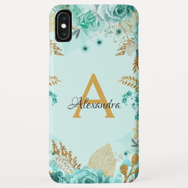 Funda De Case-Mate Para iPhone Monograma de Rosas Verde azulados florales y Relie (Reverso)