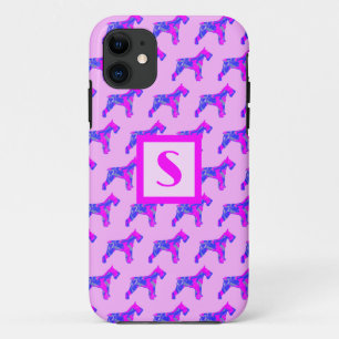 Funda Para iPhone 11 Monograma de silueta rosa y azul Schnauzer Dog