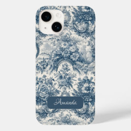 Funda Para iPhone 14 De Case-Mate Monograma de tela azul de jouy floral vintage