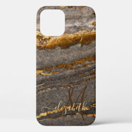 Funda Para iPhone 12 Monograma de textura de mármol de oro marrón de Gu