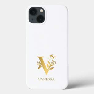 Funda Para iPhone 13 Monograma de tipografía blanca y dorada