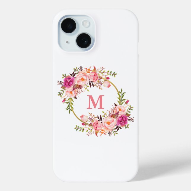 Funda De Case-Mate Para iPhone Monograma de Wreath Floral Rosa (Reverso )