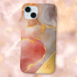Funda Para iPhone 15 Mini Monograma del Agante Rojo y Oro de moda<br><div class="desc">Diseño elegante y de moda con tonos rojos y grises de agate con venas doradas. También incluye un elemento de gradiente dorado de esquina para su monograma.</div>