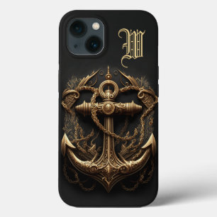 Funda Para iPhone 13 Monograma del ancla náutica dorada