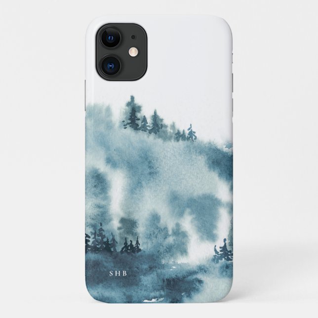 Funda De Case-Mate Para iPhone Monograma del bosque de invierno azul acuarela (Reverso)
