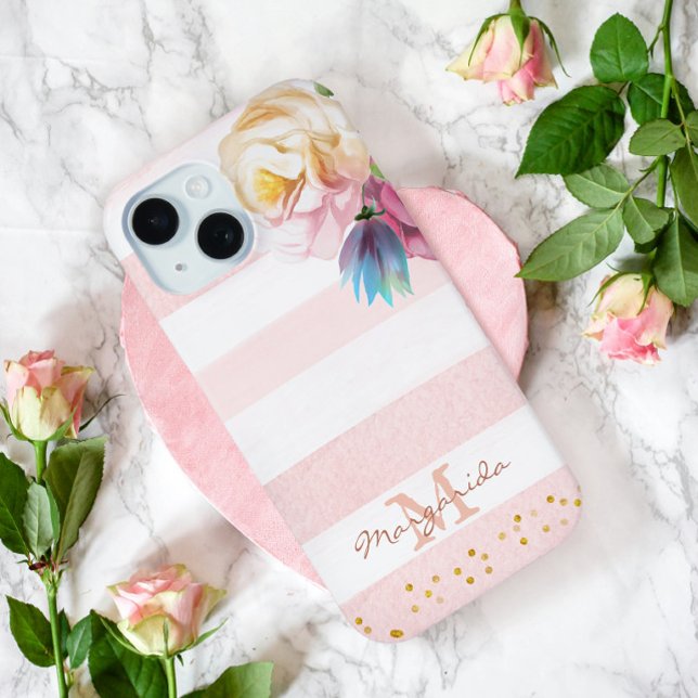 Funda De Case-Mate Para iPhone Monograma del Chica floral rosa suave (Subido por el creador)