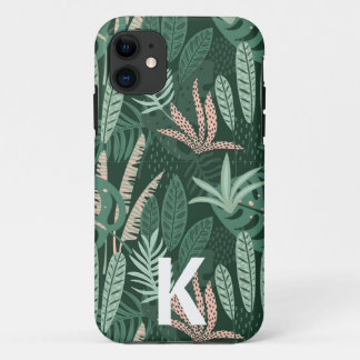 Funda Para iPhone 11 Monograma del modelo de hojas tropicales verdes mo
