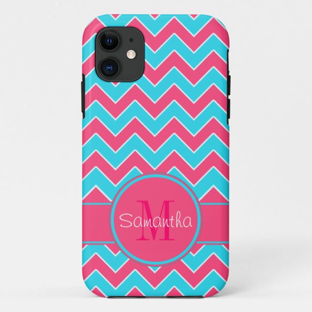 Funda De Case-Mate Para iPhone Monograma del patrón Aqua & Pink Chevron (Reverso)