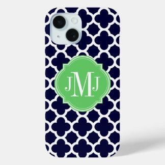 Funda Para iPhone 15 Monograma del patrón azul y blanco de la Marina Qu