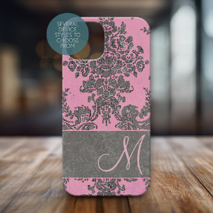 Funda Para iPhone 15 Pro Monograma del patrón de Damasco de Gris rosa Vinta