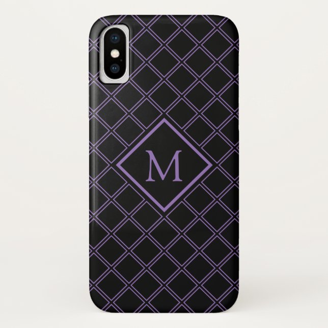 Funda De Case-Mate Para iPhone Monograma del patrón de diamante negro y púrpura (Reverso)