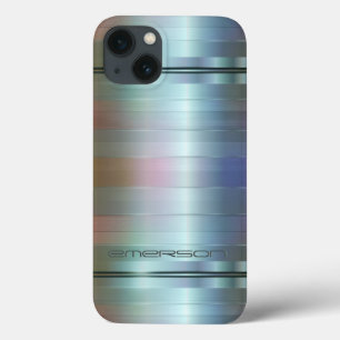 Funda Para iPhone 13 Monograma del patrón de franjas azul-grises metáli