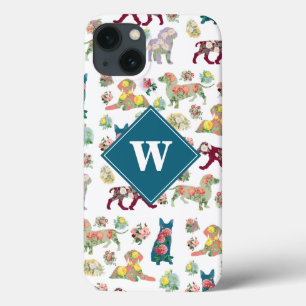 Funda Para iPhone 13 Monograma del patrón de perros y las flores de col