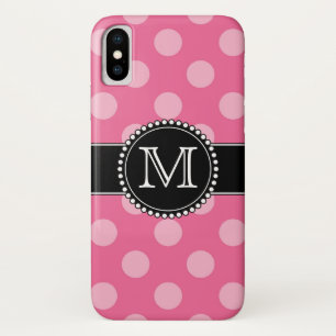 Funda Para iPhone X Monograma del patrón de puntos de polka rosado