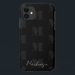Funda Para iPhone 11 Monograma del patrón de repetición en blanco y neg<br><div class="desc">Monograma moderno y elegante en negrita de una sola letra con tipo de letra de guión para el nombre. Todo el texto es ajustable. Excelente para muchos usos diferentes. Para la escuela,  el trabajo o el hogar.</div>