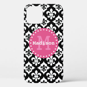 Funda Para iPhone 12 Monograma del patrón Fleur-De-Lis blanco negro