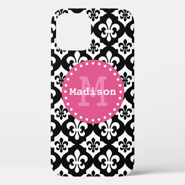 Funda De Case-Mate Para iPhone Monograma del patrón Fleur-De-Lis blanco negro (Reverso )