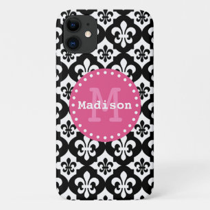 Funda Para iPhone 11 Monograma del patrón Fleur-De-Lis blanco negro