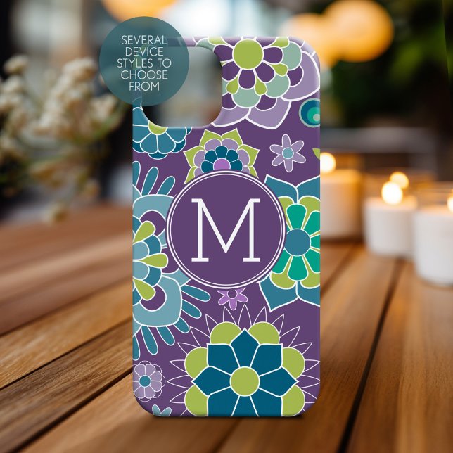 Funda De Case-Mate Para iPhone Monograma del patrón floral azul púrpura (Personalized Phone Case with Monogram)
