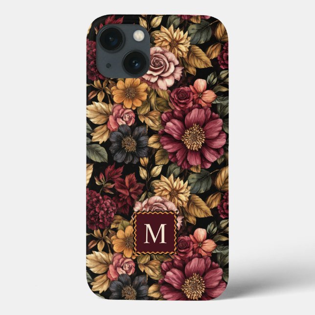 Funda De Case-Mate Para iPhone Monograma del patrón floral de Borgoña (Reverso)