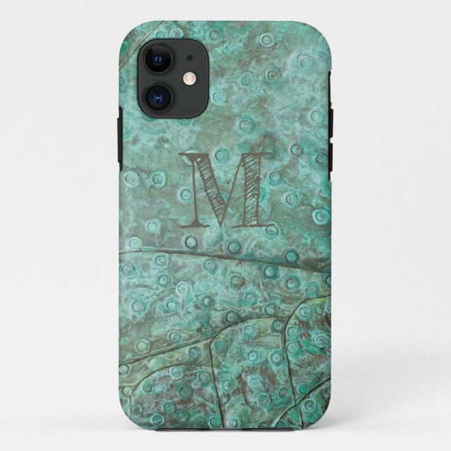 Funda De Case-Mate Para iPhone Monograma del Personalizado de bronce de Verdigris (Reverso)