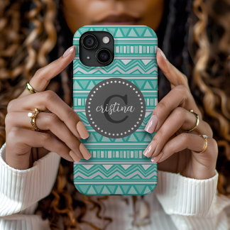 Funda Para iPhone 15 Monograma del Personalizado de Chevron Aztec Aqua 