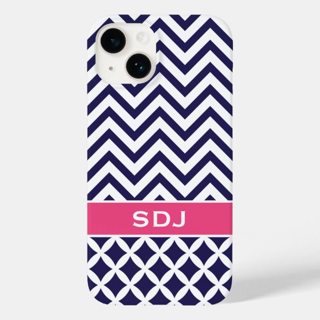 Funda De Case-Mate Para iPhone Monograma del Personalizado de Chevron azul y rosa (Reverso )