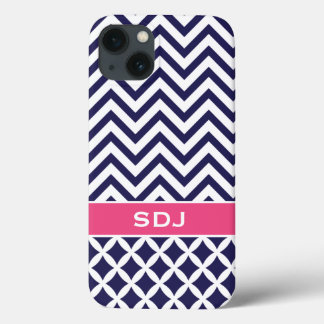 Funda Para iPhone 13 Monograma del Personalizado de Chevron azul y rosa