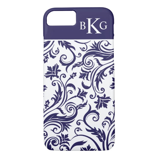 Funda De Case-Mate Para iPhone Monograma del personalizado del modelo del damasco (Reverso)