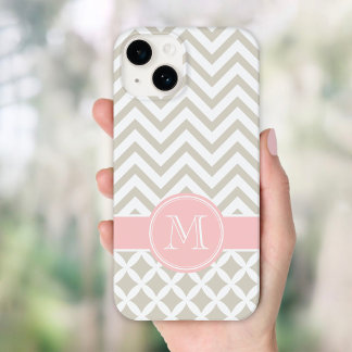 Funda Para iPhone 14 De Case-Mate Monograma del Personalizado Linen Beige y Chevron 