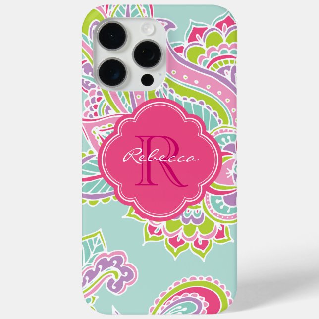 Funda De Case-Mate Para iPhone Monograma del Personalizado Mint Bohemian Paisley (Reverso )