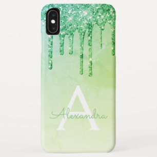 Funda Para iPhone XS Max Monograma del Purpurina de esparkle de lujo verde