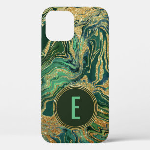 Funda Para iPhone 12 Pro Monograma del Purpurina de mármol de oro verde