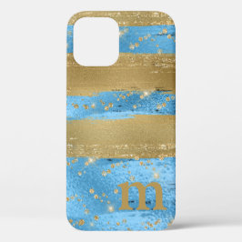 Funda Para iPhone 12 Monograma del Purpurina de oro azul inicial